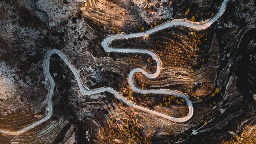 Windy road shot from above with a drone