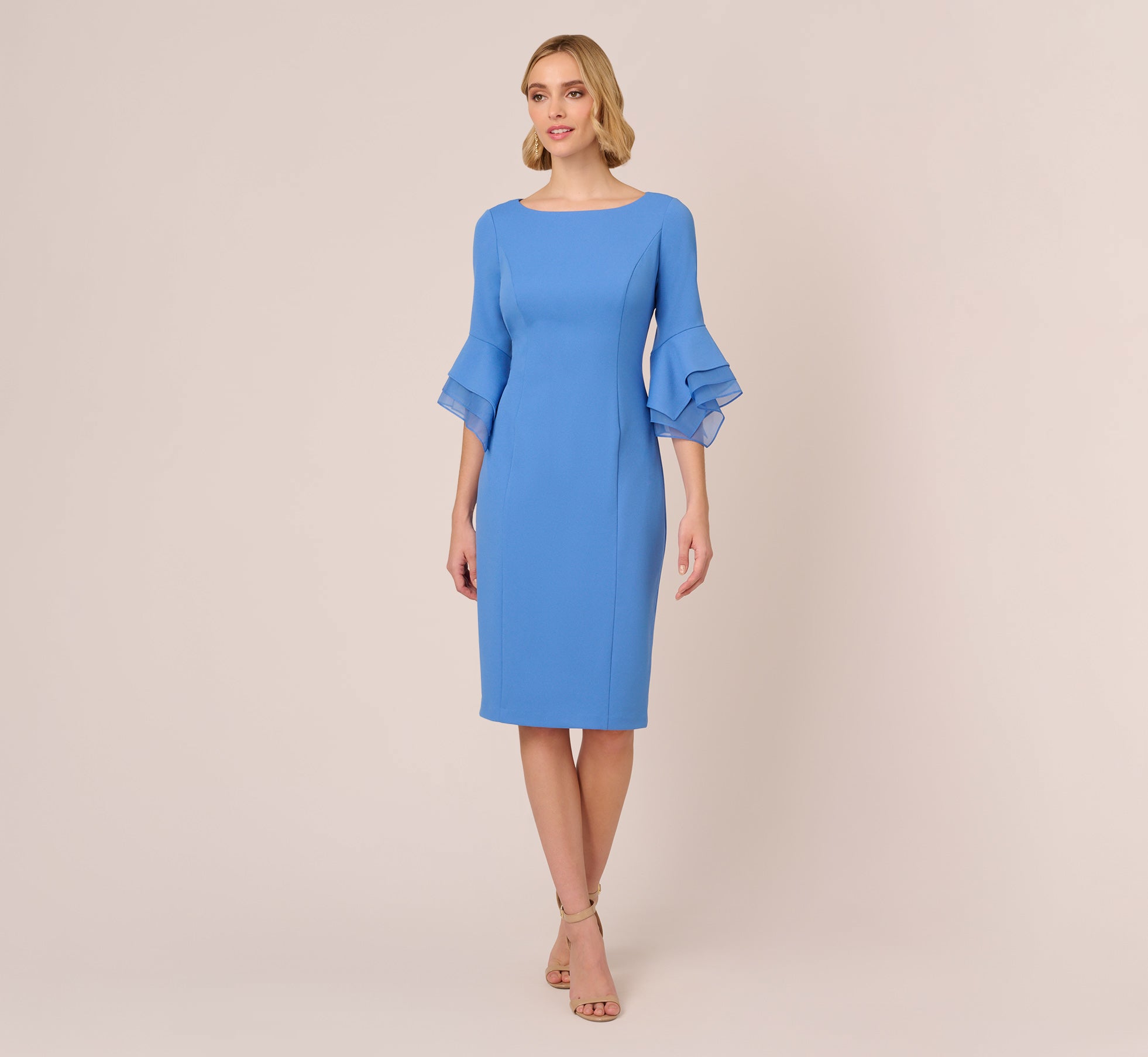 Knit Crepe Sheath Dress With Tiered Three Quarter Sleeves In Cool Wate ...