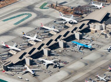 Multiple wide body aircraft of Airbus and Boeing at Los Angeles Airport LAX