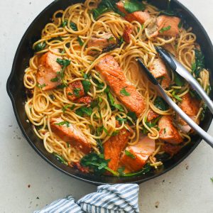 Salmon Pasta in a skillet