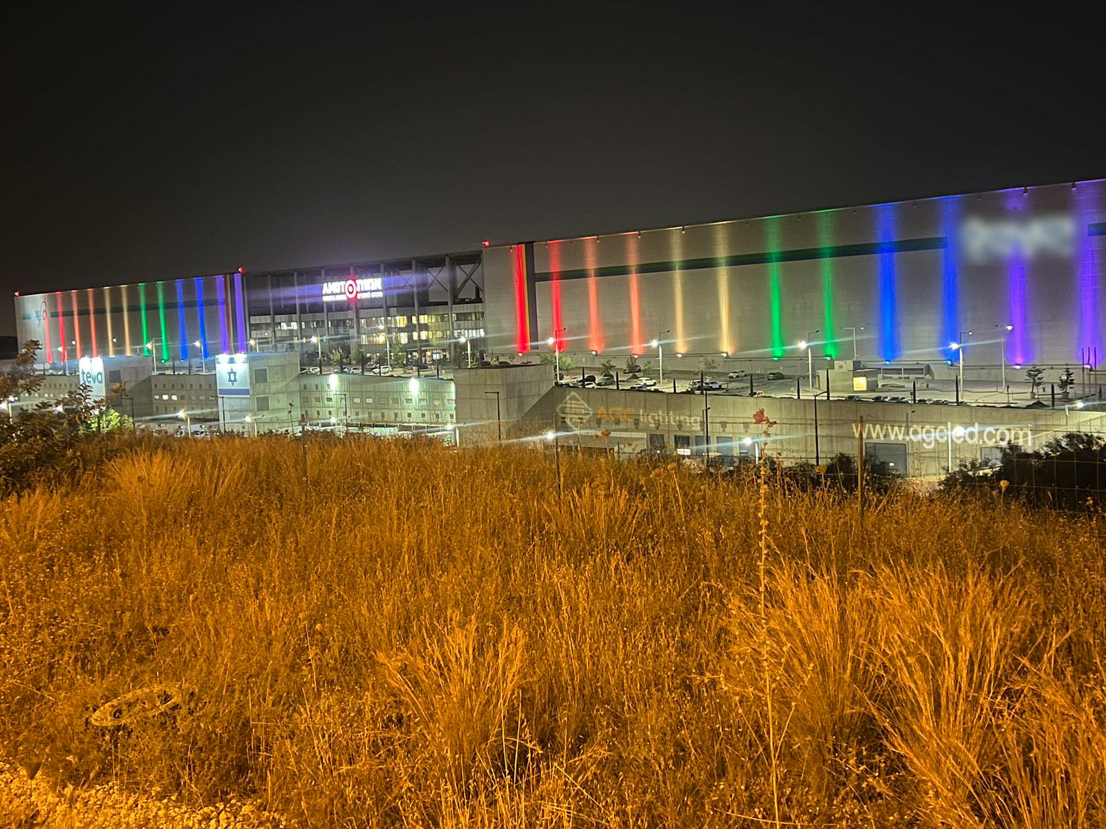 RGB LED Flood Light Facade Outside the Pharmaceutical Factory