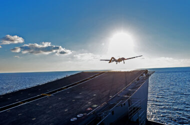 The Bayrakter TB3 UAV takes off from the Sky Ramp of the aircraft carrier Anadolu