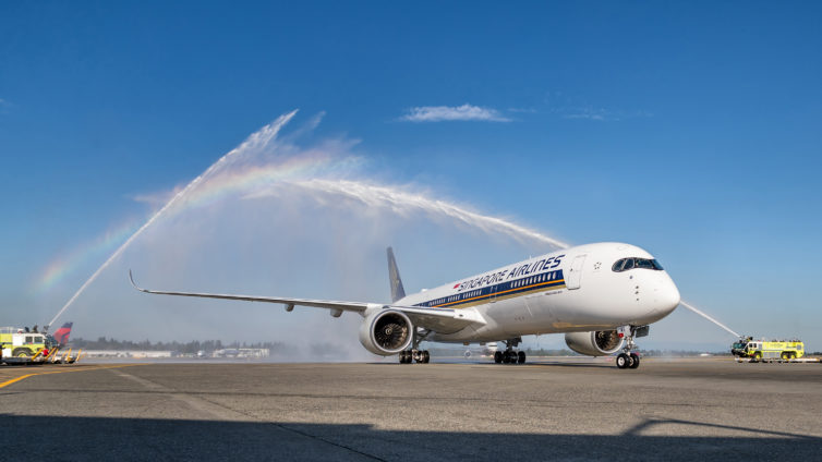 SEA's fire crew welcomes Singapore's A350 to Seattle - Photo: SQ