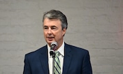 Alabama Attorney General Steve Marshall addresses the crowd at the Coastal Alabama Opioid Summit hosted by The Helios Alliance on Thursday, Oct. 10, 2024, at the Innovation Portal in Mobile, Ala.