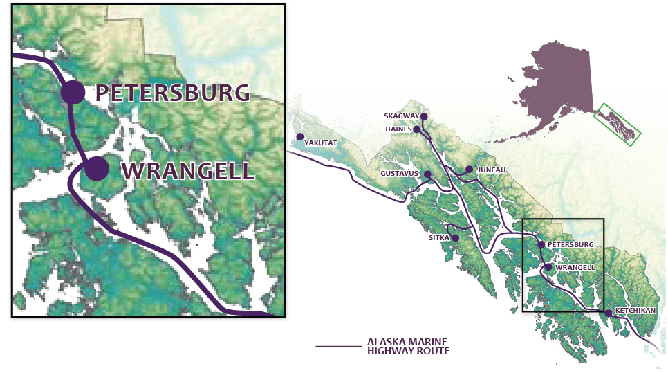 map of Inside Passage highlighting Wrangell