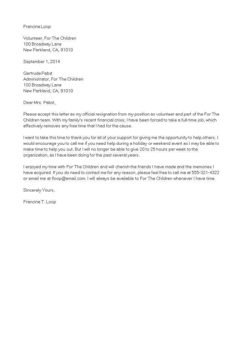 Volunteer Job Resignation Letter | Templates at allbusinesstemplates.com