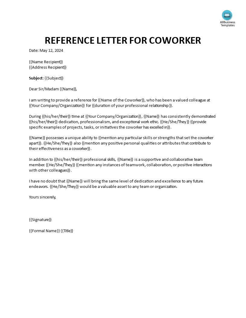 Reference Letter for Coworker | Templates at allbusinesstemplates.com