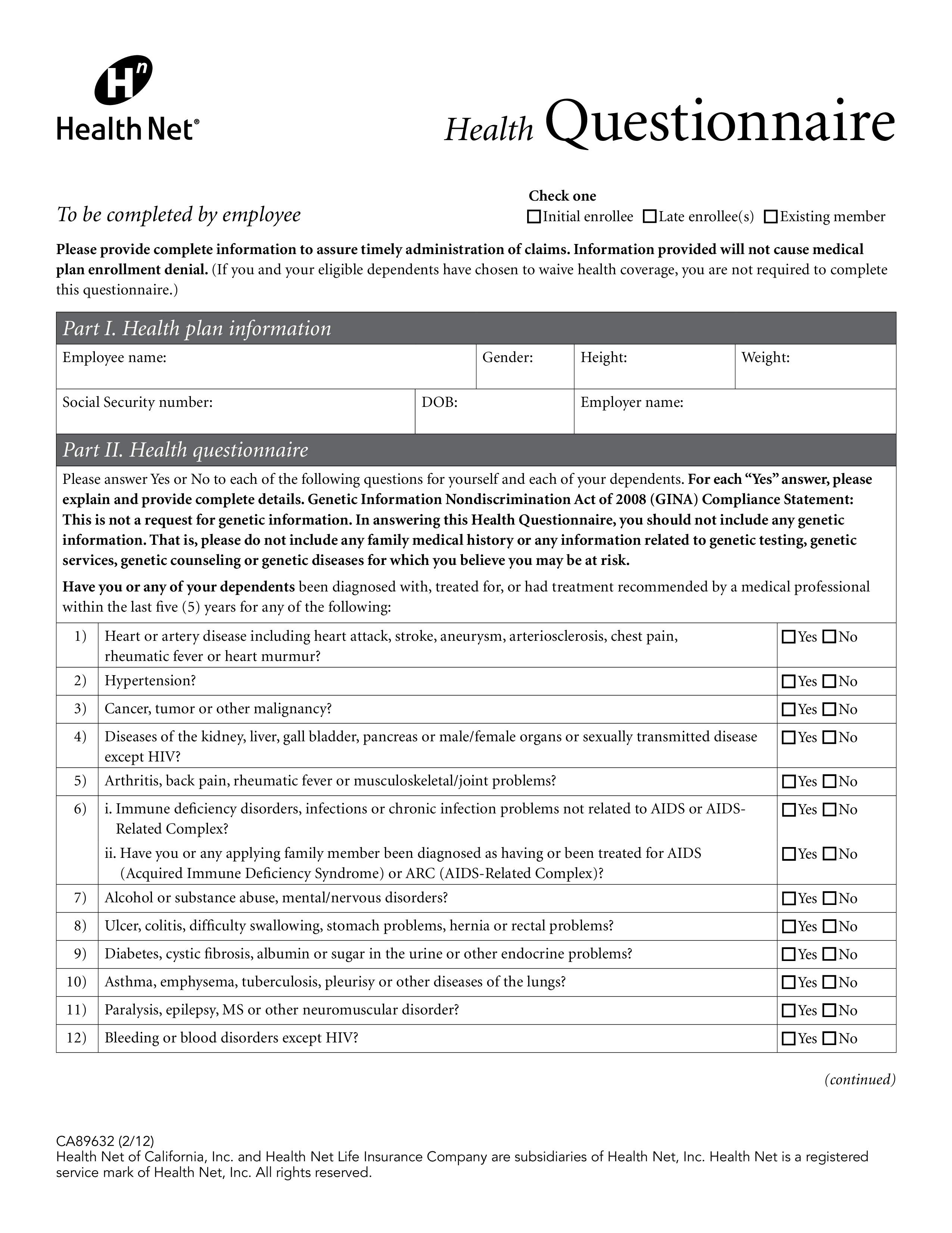 Employee Health Questionnaire Template