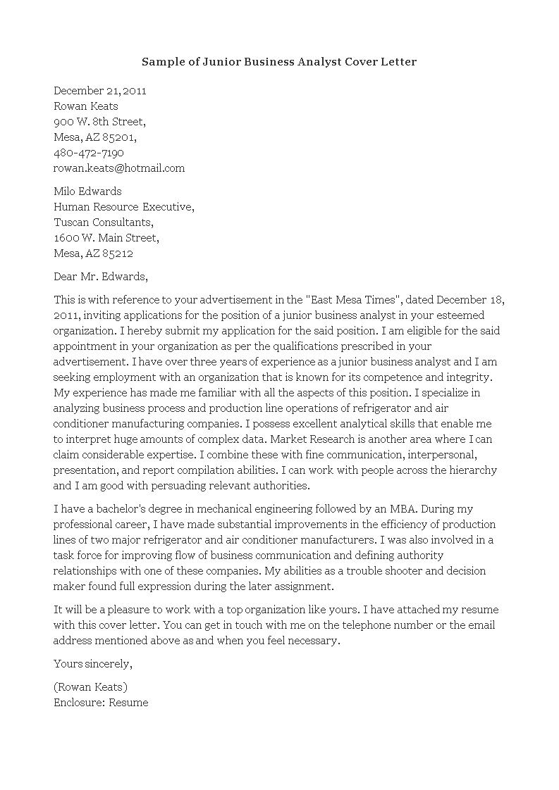 Junior Business Analyst Cover Letter | Templates at ...