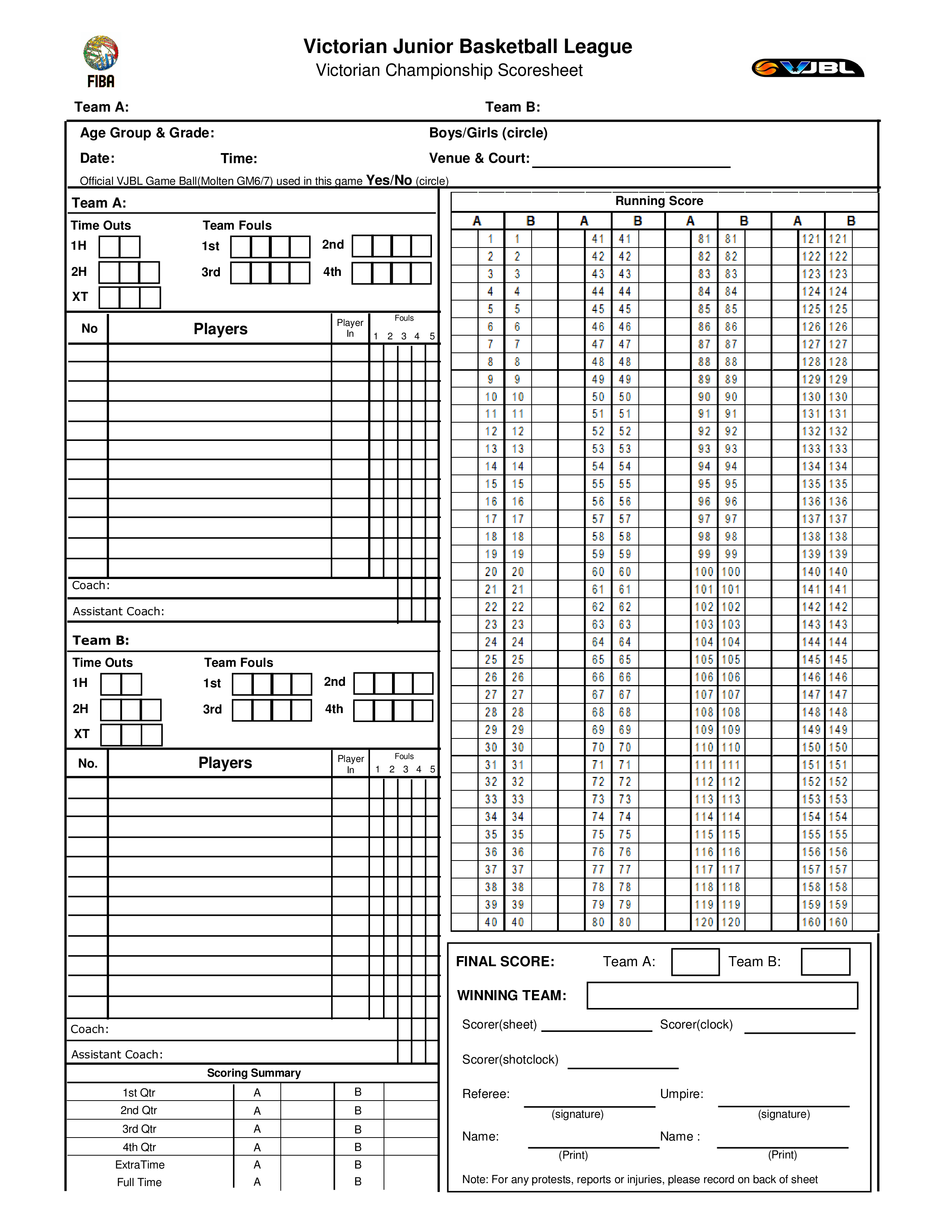 Youth Basketball Score Sheet Printable