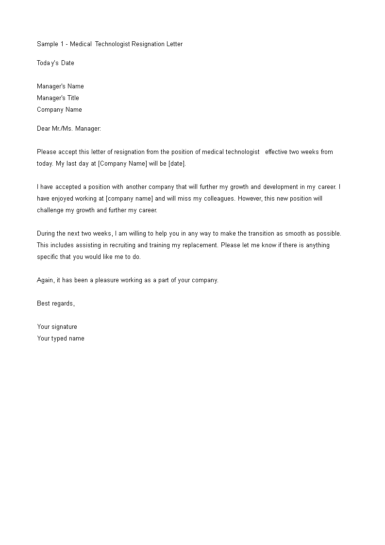 Medical Technologist Resignation Letter | Templates at ...