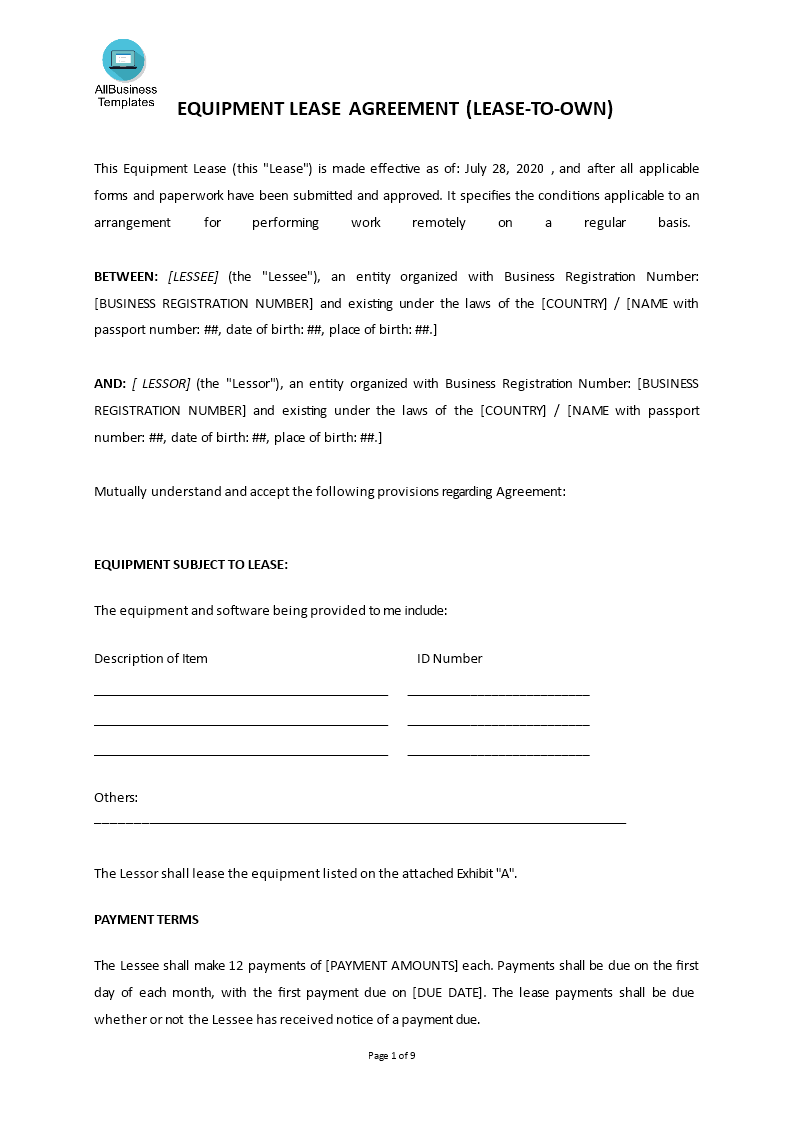 Medical Equipment Rental Agreement Template