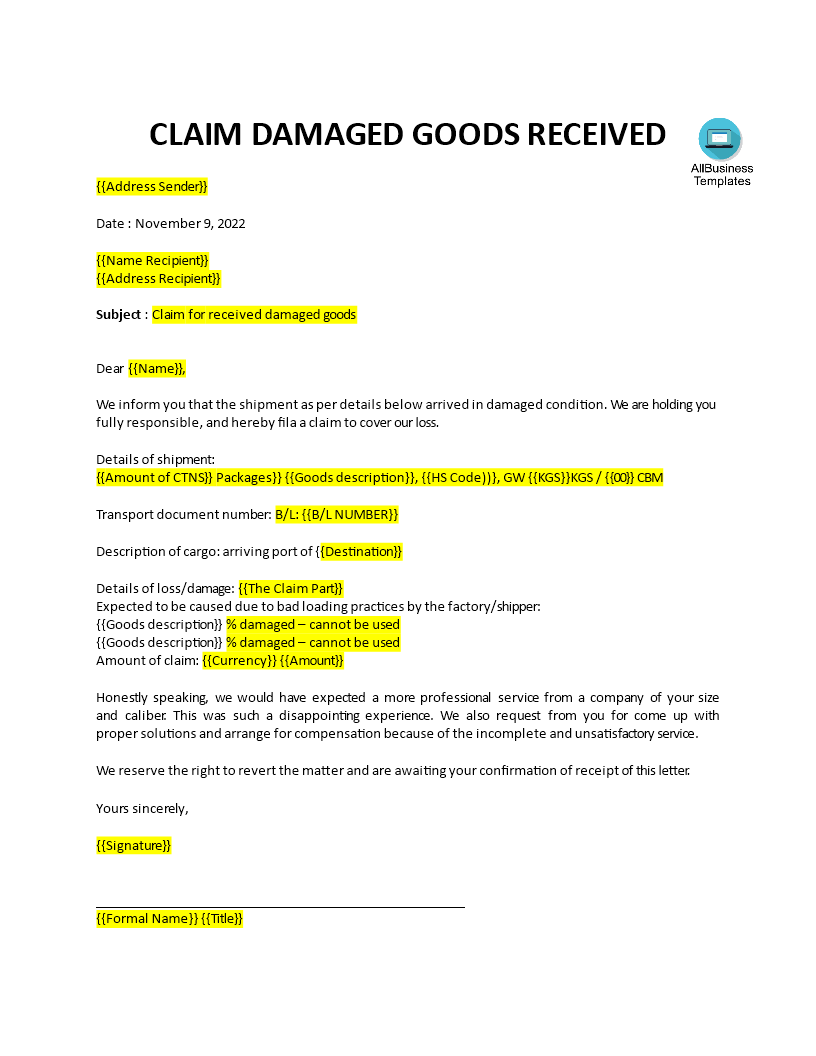 damaged goods claim letter template voorbeeld afbeelding 