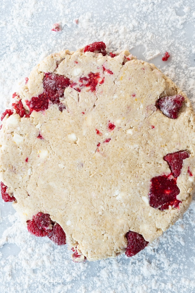 top down view of rolled out gluten free scone dough sitting on flour sprinkled pastry board