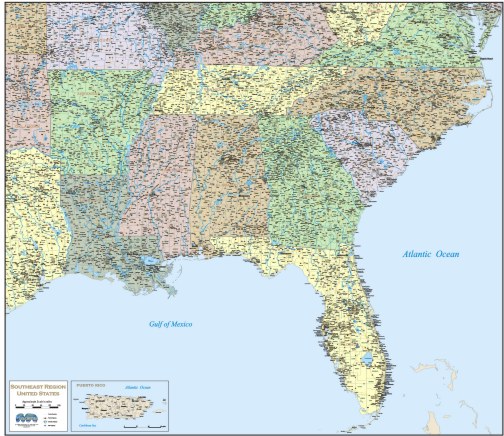 WALL MAP OF SOUTHEAST UNITED STATES, Southeast Market area map