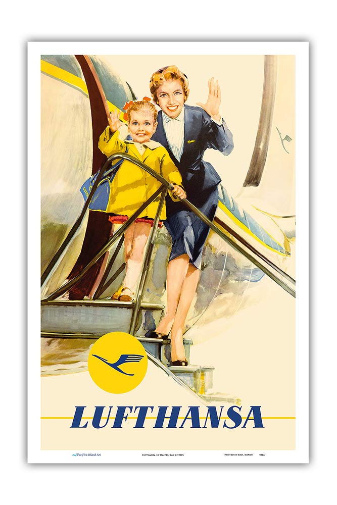 Child & Flight Attendant - Lufthansa German Airlines - Vintage Airline Travel Poster by Walter Rau c.1950s - Master Art Print (Unframed) 12in x 18in