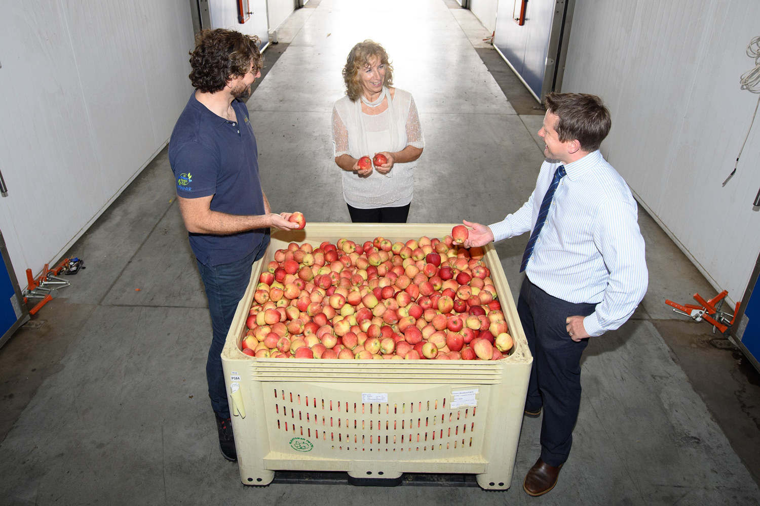 Three people surrounding a crate of fruit