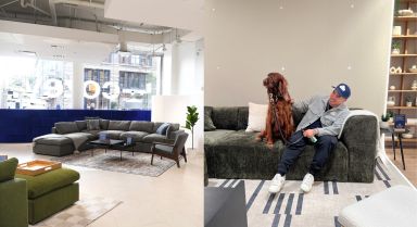 left: a couch in the Cozey show room.Right: a man and his dog sit on a cozey couch