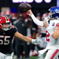 Giants Drew Lock throws pass versus Falcons