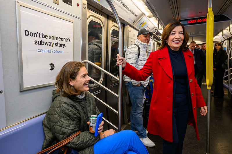 Gov. Kathy Hochul rides the subways in December 2024. The governor proposed expanding involuntary commitments of mentally ill people to stem violent incidents on the subways. Friday, Jan. 3, 2025.