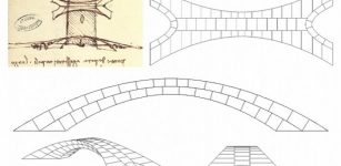 Leonardo da Vinci’s original drawing of the bridge proposal (top left), showing a bird's eye view at top and a side view below, including a sailboat passing under the bridge. To the right and below that are drawings by Karly Bast and Michelle Xie showing how the structure could be divided up into 126 individual blocks, which were 3D printed to build a scale model. Image: Karly Bast and Michelle Xie