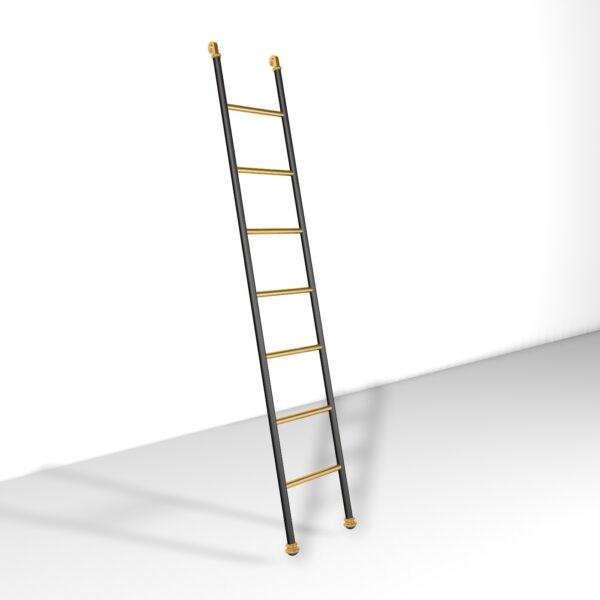 A black and gold ladder, almost like custom stable fittings, leans against a white wall in a brightly lit room, casting a shadow on the floor.