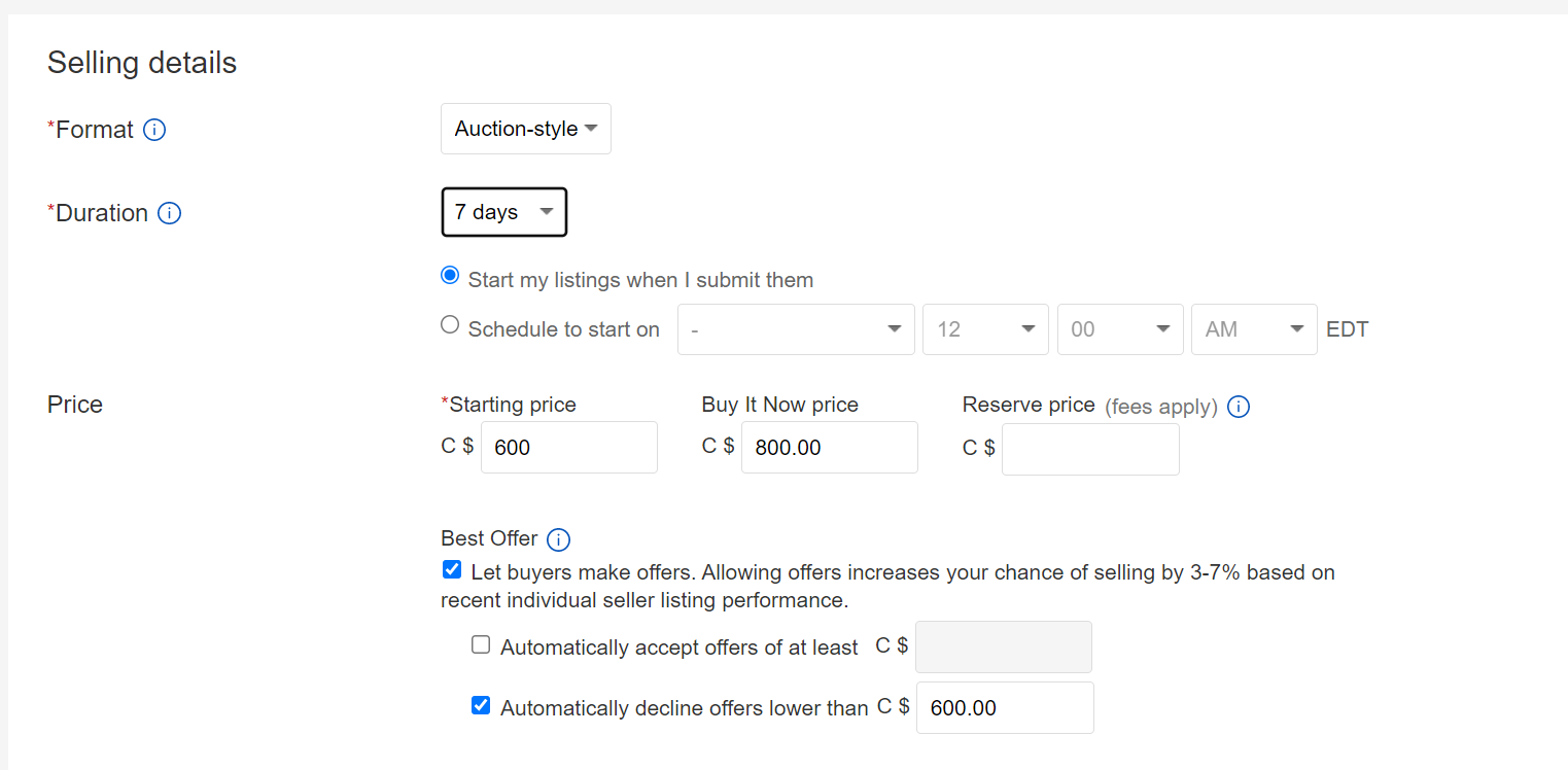 auction style listing