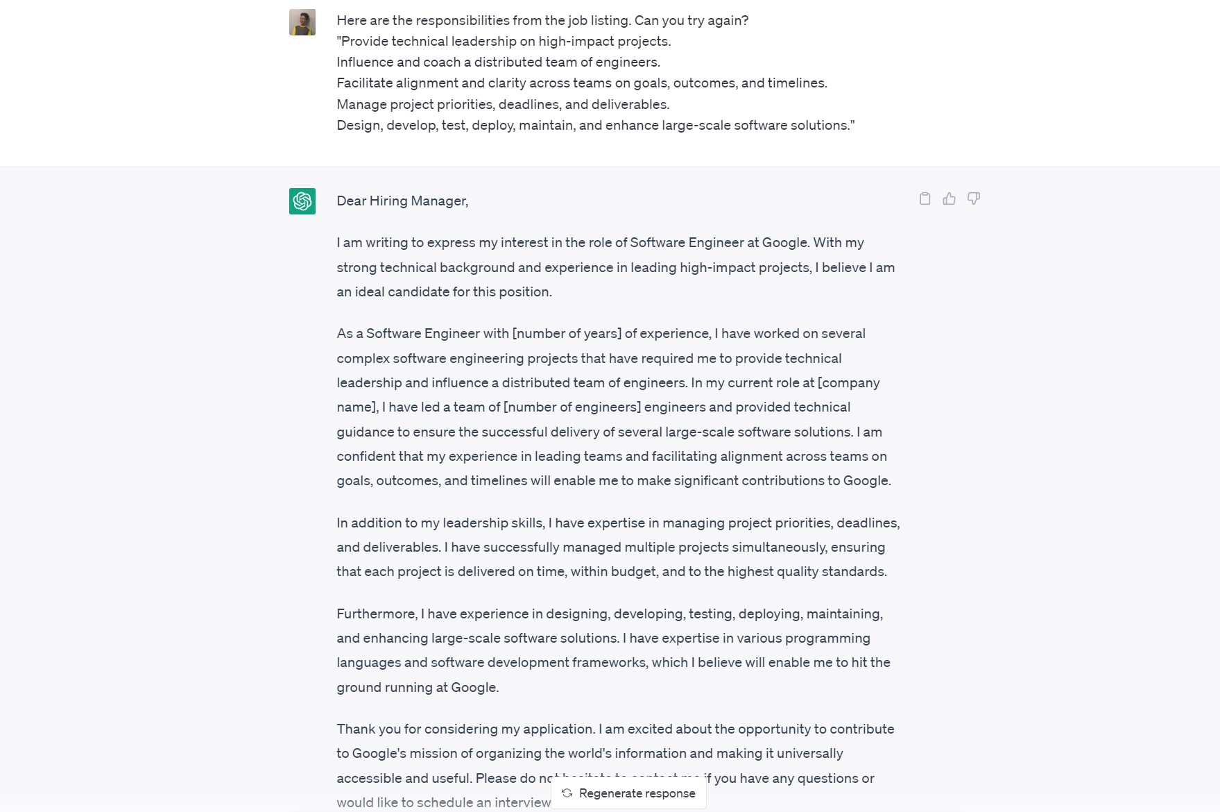 chatgpt cover letter with job responsibilities screenshot