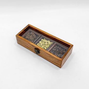 Premium Wooden Spice Box with Three Spices and a Clear Transparent Lid