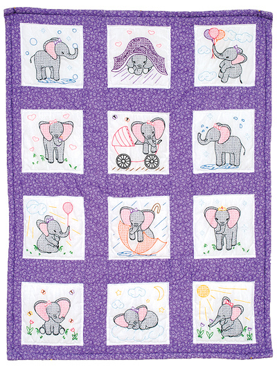 Elephants 9" Stamped Quilt Blocks for Embroidery 12 Count