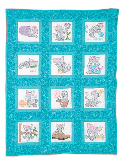 Kittens 9" Stamped Quilt Blocks for Embroidery 12 Count