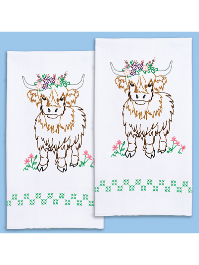 Highland Cow Stamped Decorative Hand Towels for Embroidery 2 Count