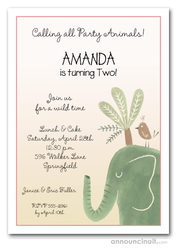 Green Elephant Girl Birthday Invitations