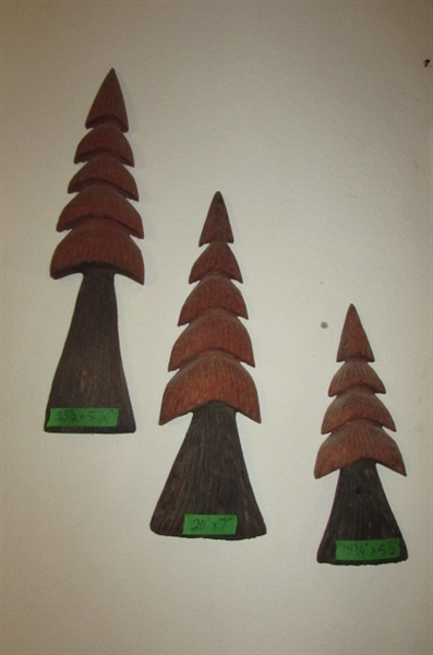 3 CARVED WOODEN TREES