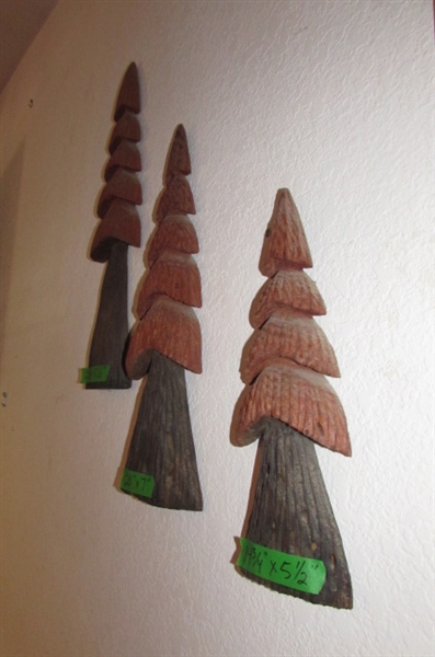 3 CARVED WOODEN TREES