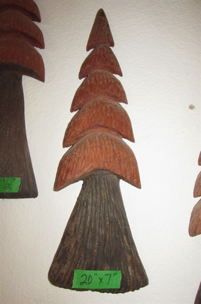 3 CARVED WOODEN TREES