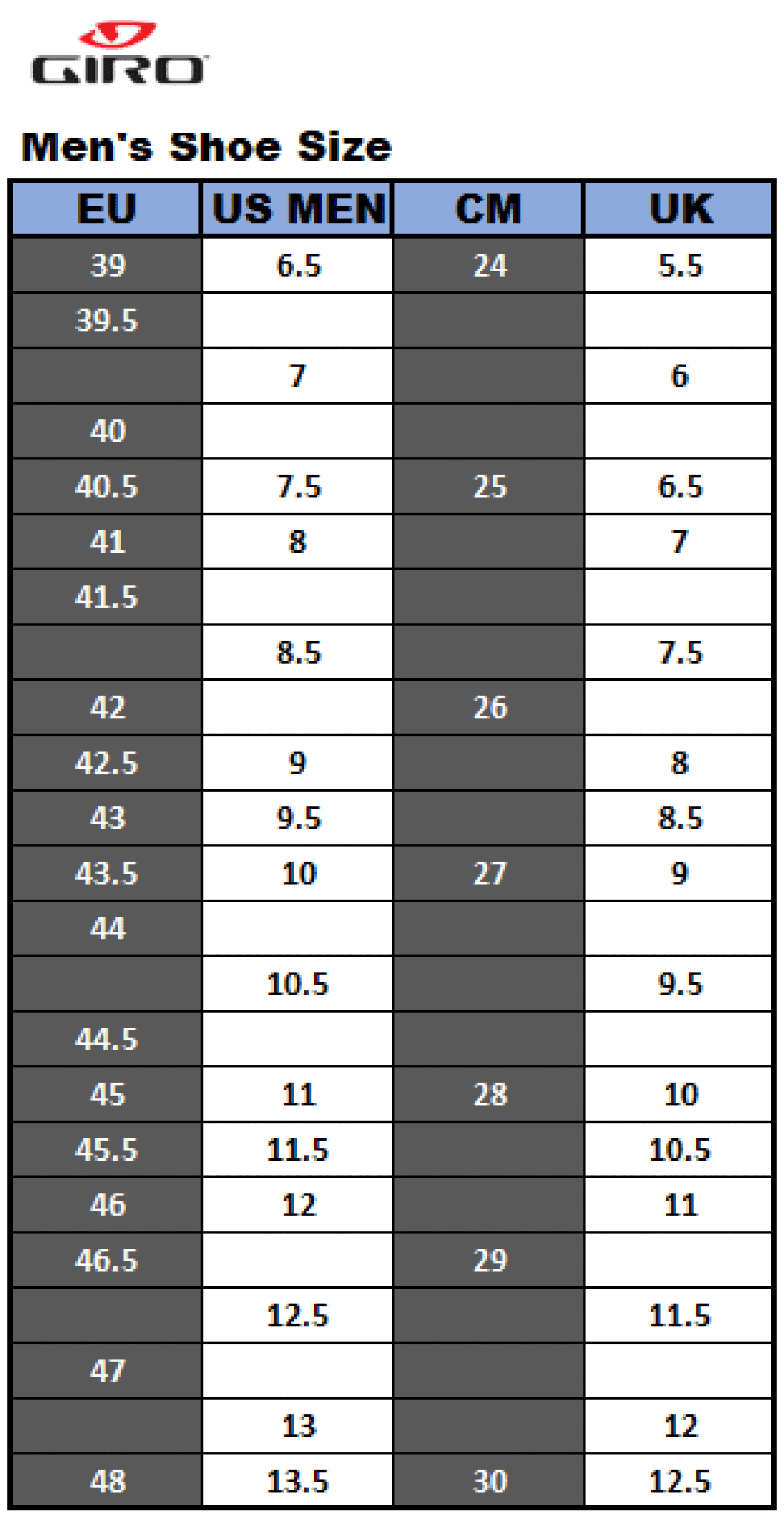 Road Bike Shoe Size Chart