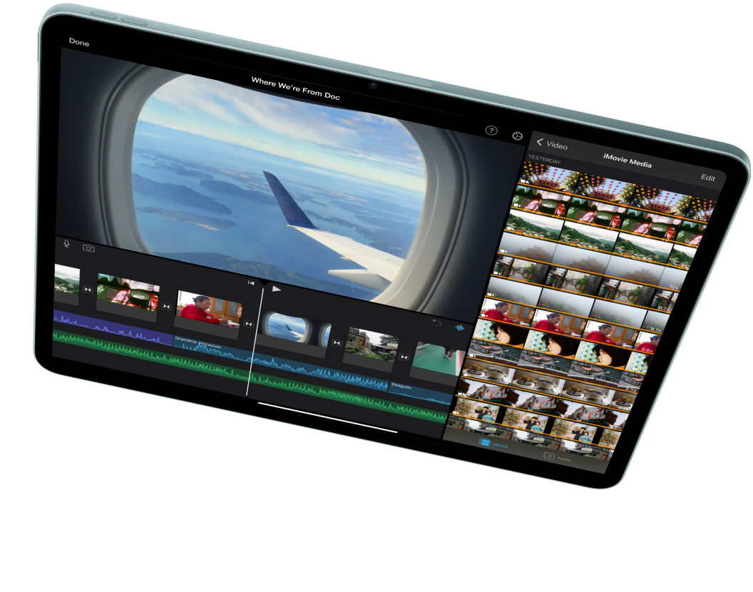 iPad Air в хоризонтална ориентация, показваща видеомонтаж в iMovie