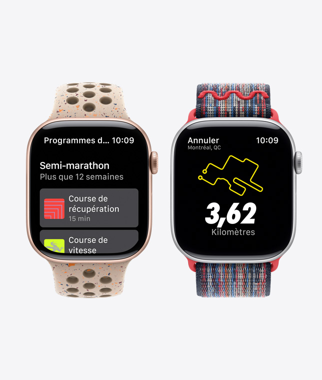 Deux Apple Watch affichant des fonctionnalités Nike Run Club, dont des programmes d’entraînement et des courses autoguidées