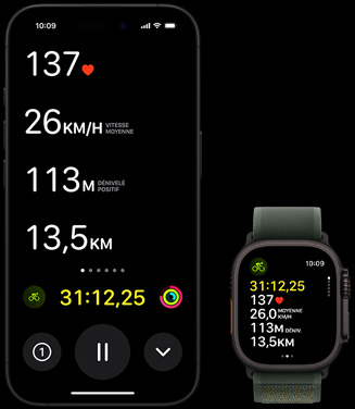 Événement en direct montrant les statistiques de vélo d’une personne sur Apple Watch Ultra 2 et iPhone.