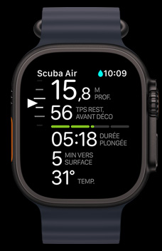 Apple Watch Ultra 2 affichant l’app Oceanic+