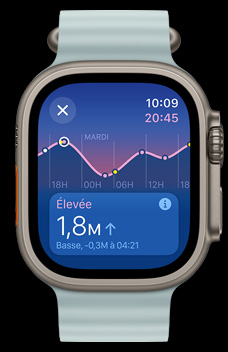 Apple Watch Ultra 2 affichant l’app Marées.