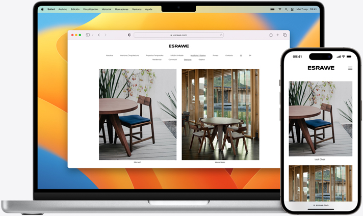 Imagen que muestra el mismo sitio de Safari abierto en un iPhone y en un Macbook