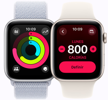 Pantallas de dos dispositivos Apple Watch SE que muestran las metas de los círculos de Actividad y calorías