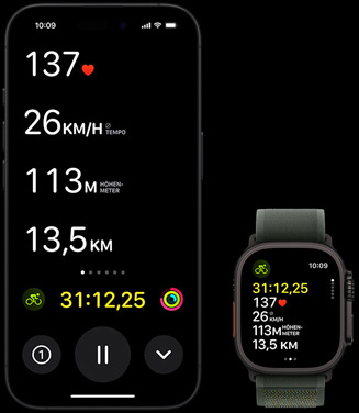 Live Aktivität zeigt die Radfahrdaten einer Person sowohl auf ihrer Apple Watch Ultra 2 als auch auf ihrem iPhone.