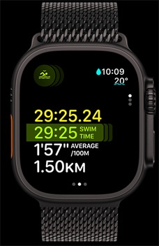 Apple Watch Ultra 2 kuvab ujumise kestust, tempot ja distantsi funktsiooni Multisport osana.