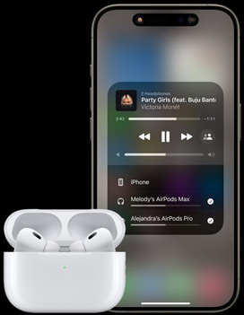 iPhone 15 Pro playing music next to Airpods Pro