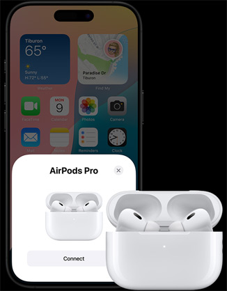 Μία ανοιχτή θήκη φόρτισης με τα AirPods 4 στο εσωτερικό της, δίπλα σε ένα iPhone δείχνοντας ότι τα AirPods 4 έχουν συνδεθεί.