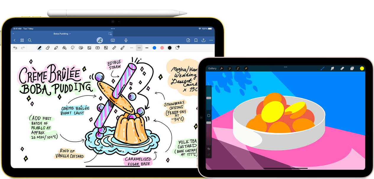 On left, iPad 10th generation, landscape orientation, displaying a graphic with notes and a drawing with Apple Pencil USB-C attached at top. On right, iPad mini, landscape orientation showing a colourful illustration made with ProCreate.