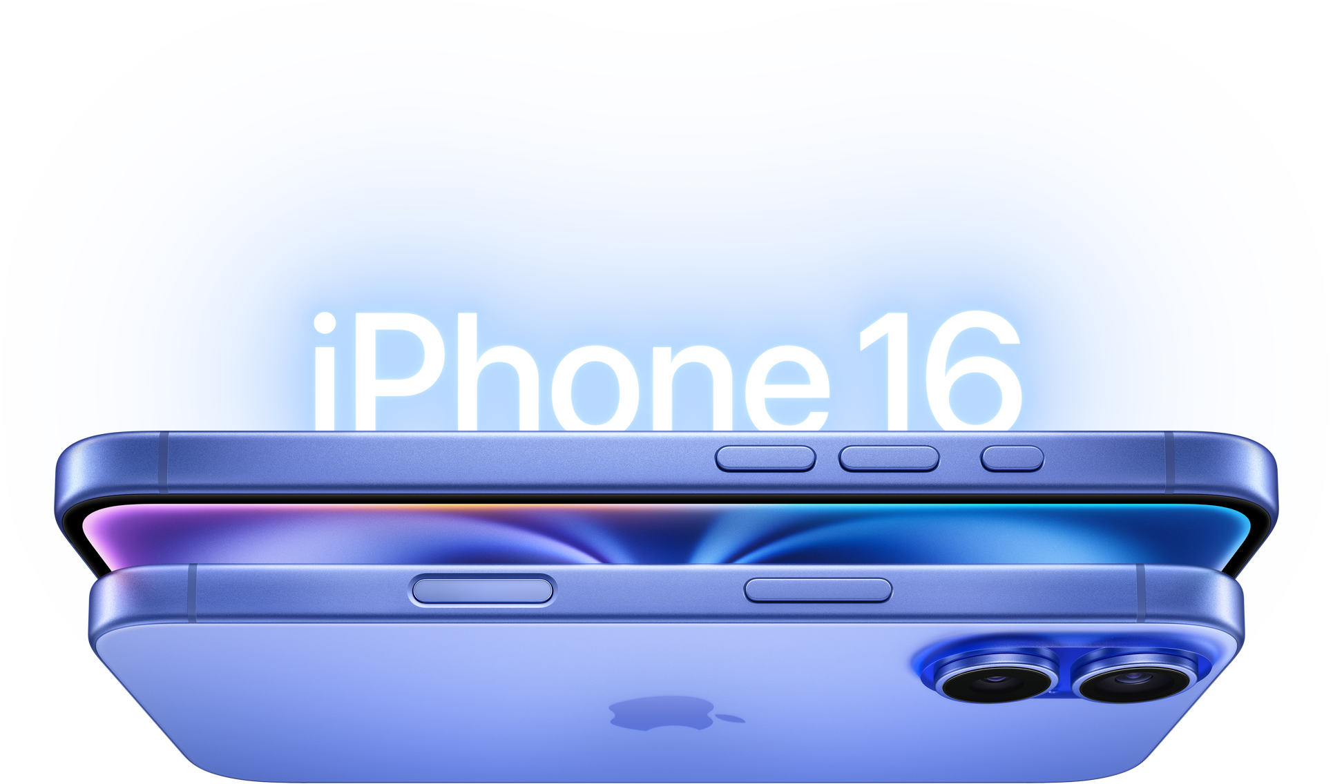 Two iPhone 16 models in Ultramarine, side exterior, side button, raised dual camera system.